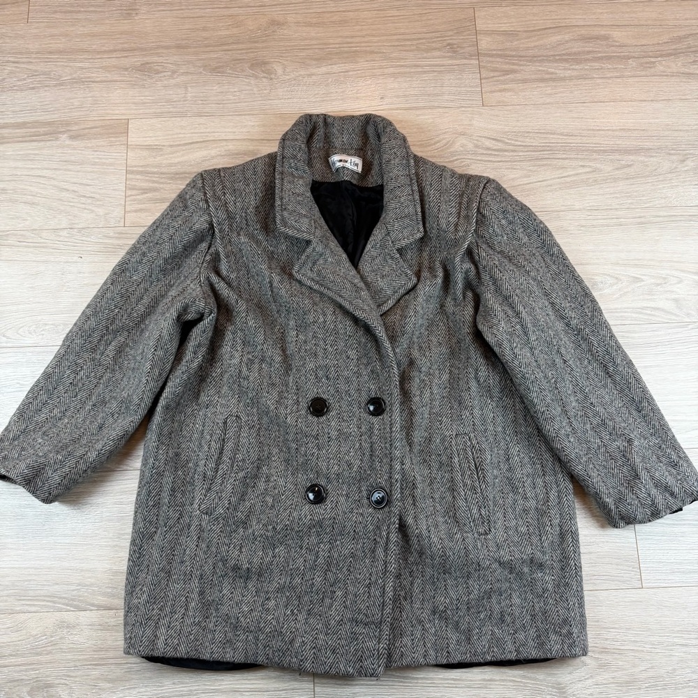 Herman Kay Vintage‎ Grey Herringbone Wool Blend Double Breasted Pea Coat Size 16